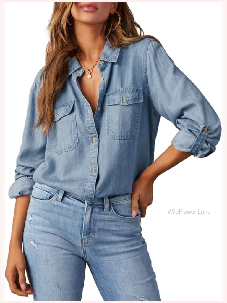 Women's Button Down Denim Shirt Long Sleeve V-Neck Chambray Blouse Top Casual